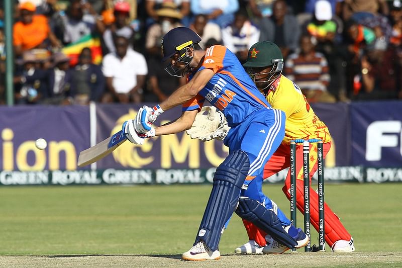 India's Shubman Gill plays a shot during the fourth T20 International cricket match between Zimbabwe and India at Harare Sports Club in Harare on July 13, 2024.